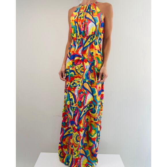 Stunning Vintage 1970s Halter Neck Maxi Dress Bold Psychedelic Print Sm/Med JL - Picture 2 of 10